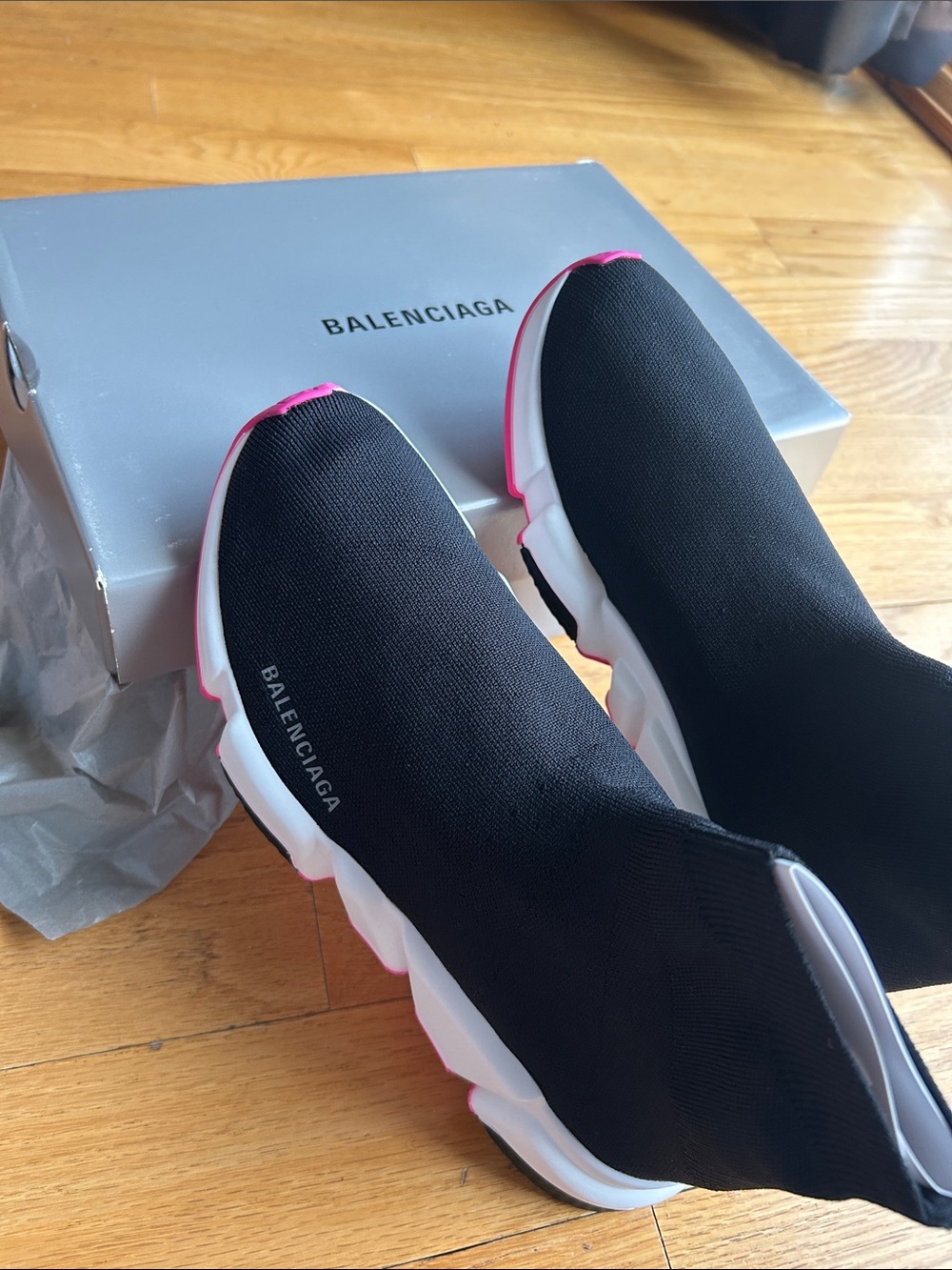 Balenciaga Black Knit Sock Sneakers with Pink Trim